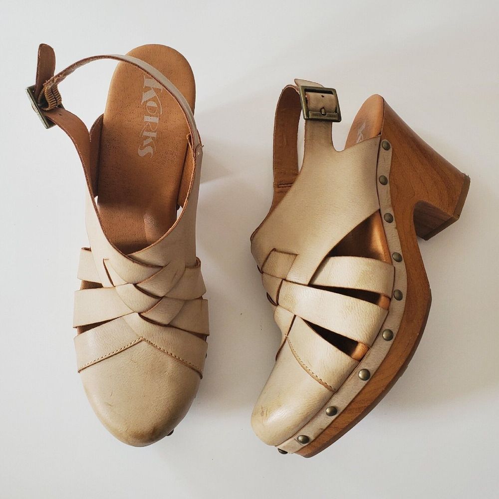 Kork-Ease Women's Metallic Beige-Tan Leather Clog Sandals